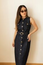 Sleeveless Dark Denim Button-Up Dress