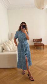 Blue Short Sleeve Belted Shirt Dress