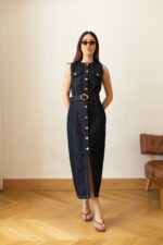 Sleeveless Dark Denim Button-Up Dress - Image 3