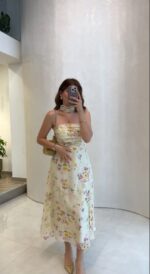 Ivory Floral Strapless Midi Dress