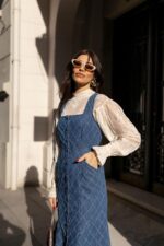 Button Front Quilted Denim Pinafore Dress - Image 4