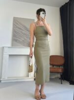 Olive Green Spaghetti Strap Midi Dress