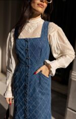 Button Front Quilted Denim Pinafore Dress - Image 3