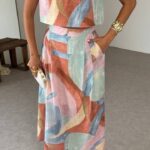 Abstract Print Crop Top and Skirt Set