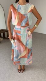Abstract Print Crop Top and Skirt Set