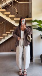 Brown Oversized Denim Rhinestones shirt