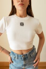 Essentials White Ribbed Crop Top with Logo - Image 2