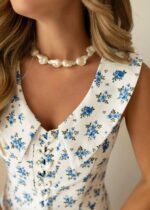 White Blue Floral Sleeveless Midi Dress - Image 3