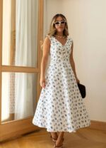 White Blue Floral Sleeveless Midi Dress - Image 2