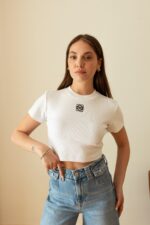 Essentials White Ribbed Crop Top with Logo