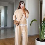 Beige Wide Leg Lounge Set With Layered Top