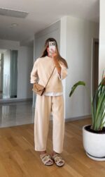Beige Wide Leg Lounge Set With Layered Top