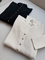 Beige Ribbed Button-Up Knit Sweater - Image 2
