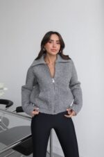 Grey Wool Zip Up Cardigan - Image 3