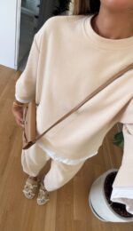 Beige Wide Leg Lounge Set With Layered Top - Image 2