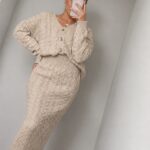 Beige Cable Knit Skirt and Cardigan Set