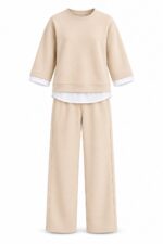 Beige Wide Leg Lounge Set With Layered Top - Image 3