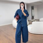 Blue Denim Shirt and Wide Leg Pants