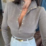 Taupe Ribbed Button-Up Knit Sweater