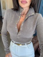 Taupe Ribbed Button-Up Knit Sweater