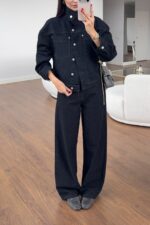 Black Striped Denim Jacket and Pants Set