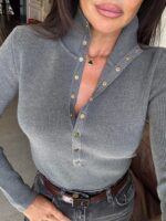 Gray Ribbed Button-Up Knit Sweater - Image 2