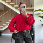 Red Cropped Balloon Bomber Jacket