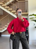 Red Cropped Balloon Bomber Jacket