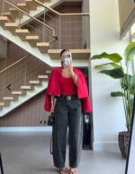 Red Cropped Balloon Bomber Jacket - Image 3