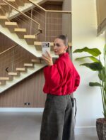Red Cropped Balloon Bomber Jacket - Image 2