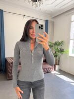 Gray Ribbed Button-Up Knit Sweater