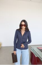 Navy Ribbed Button-Up Knit Sweater - Image 4