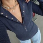 Navy Ribbed Button-Up Knit Sweater