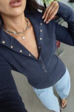 Navy Ribbed Button-Up Knit Sweater
