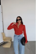 Red Ribbed Button-Up Knit Sweater - Image 4