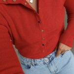 Red Ribbed Button-Up Knit Sweater