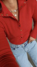 Red Ribbed Button-Up Knit Sweater