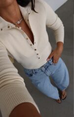 Beige Ribbed Button-Up Knit Sweater - Image 3