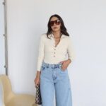Beige Ribbed Button-Up Knit Sweater