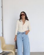 Beige Ribbed Button-Up Knit Sweater