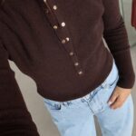 Brown Ribbed Button-Up Knit Sweater