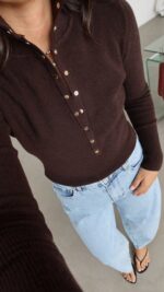 Brown Ribbed Button-Up Knit Sweater