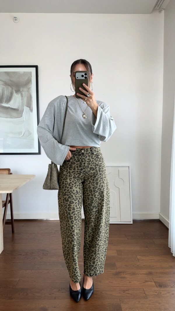 Khaki Leopard Print Barrel Jeans
