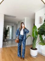 Blue Floral Denim Jacket and Pants Set
